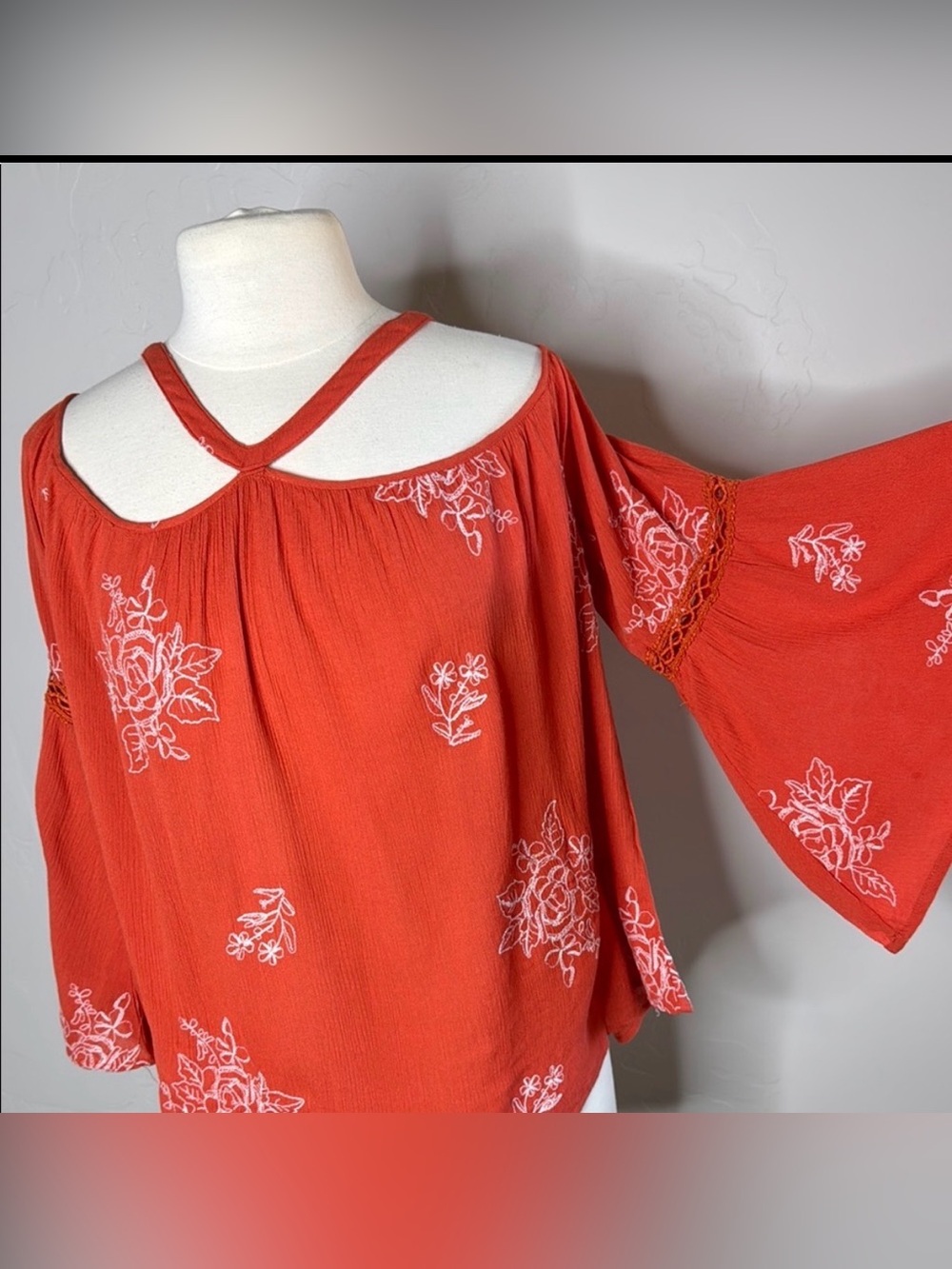 Women's Floral Embroidered Off The Shoulder Top with Bell Sleeves